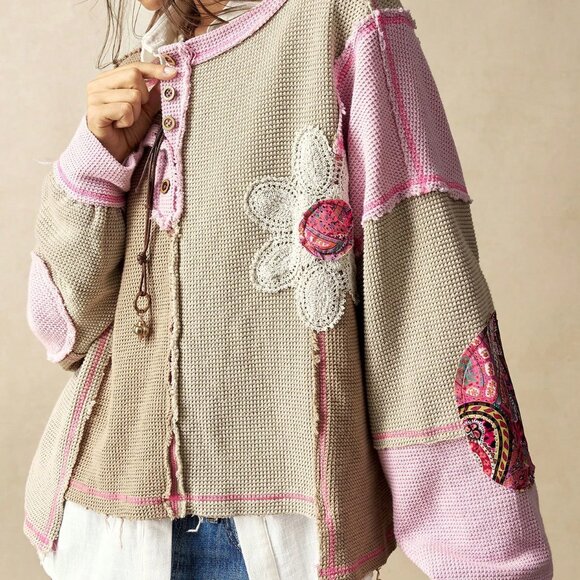 Multicolor Casual Women's Knit Color Block Loose Fit Sweatshirt - Picture 4 of 7